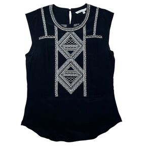 Veronica Beard 100% Silk Black Baja Flutter Cap Sleeve Embroidered Top‎ Size 10